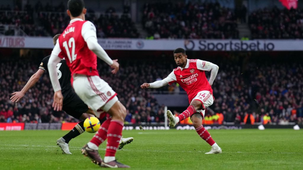 Reiss Nelson strikes ball to give arsenal the lead against Afc Bourmouth